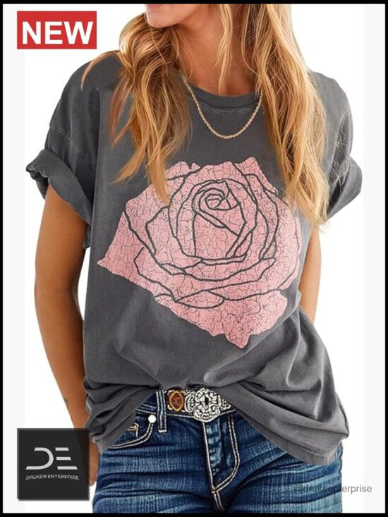 Tops - Women's Rose Graphic Tee Shirt Loose Fit Boyfriend Crew Neck Short Sleeve